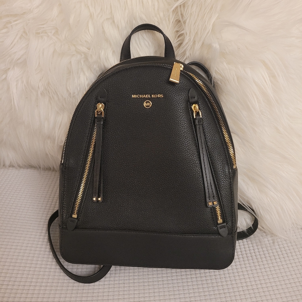 Michael Kors Black Pebble Leather Backpack with Gold Hardware